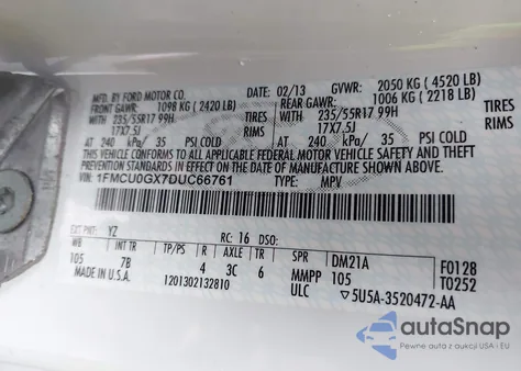 2013 Ford Escape Se из США, поврежденный, VIN 1FMCU0GX7DUC66761